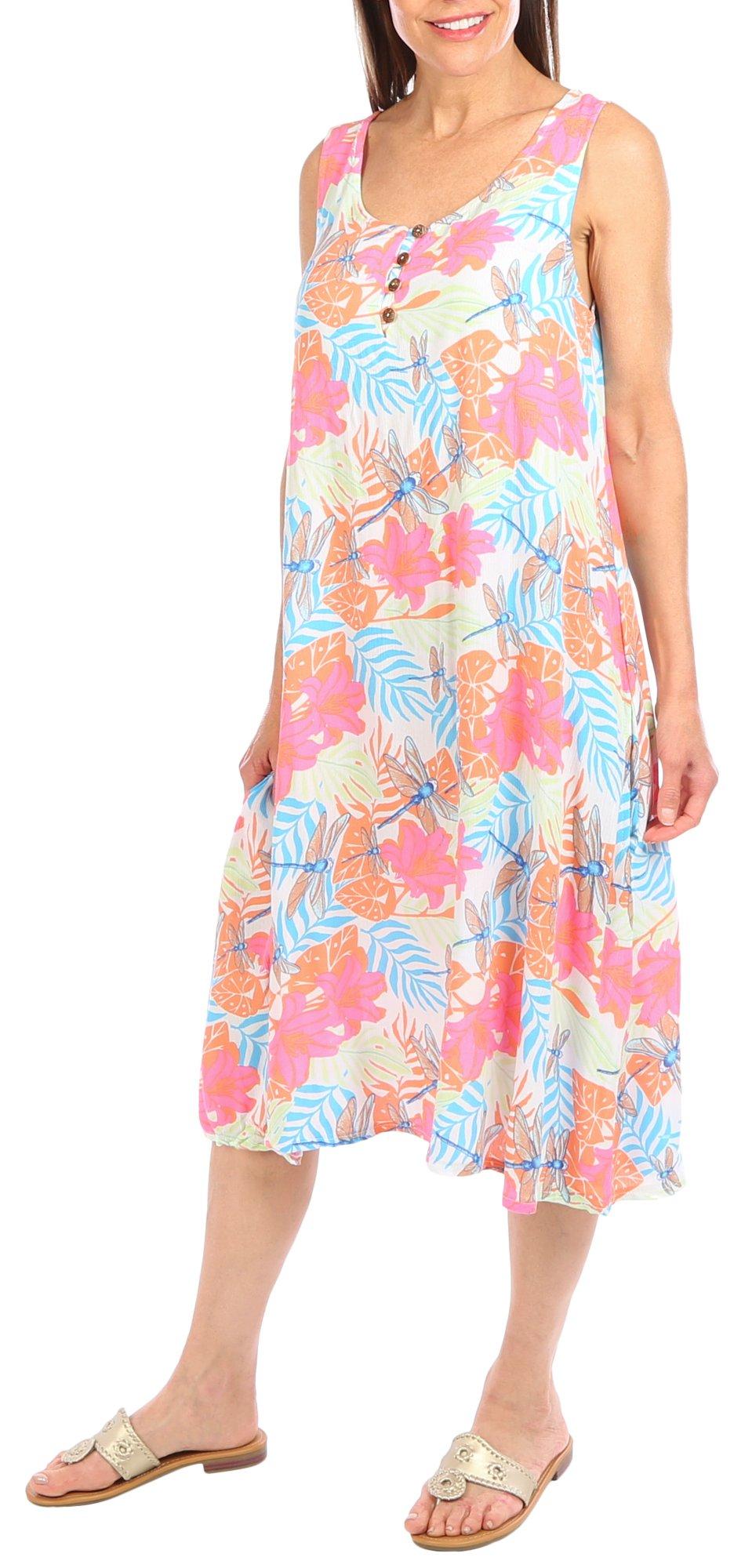 Water Lily Womens Tropical 4-Button Midi Dress