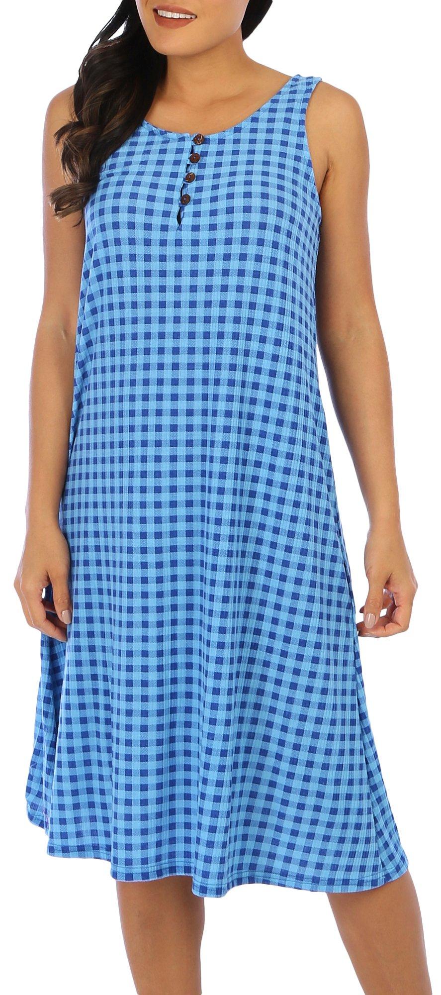 Water Lily Womens Checkered Sleeveless 4-Button Midi Dress