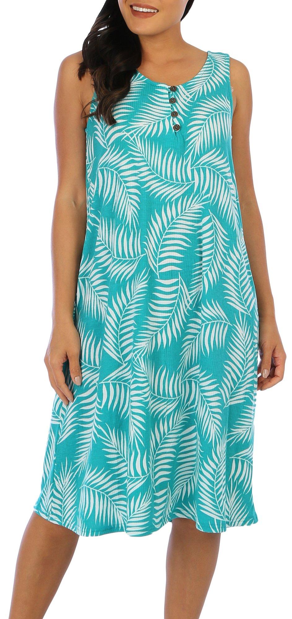 Water Lily Womens Palm Pattern 4-Button Midi Dress