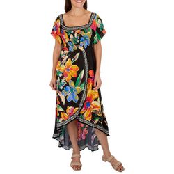Womens Floral Smocked Faux Wrap Off The Shoulder Dress