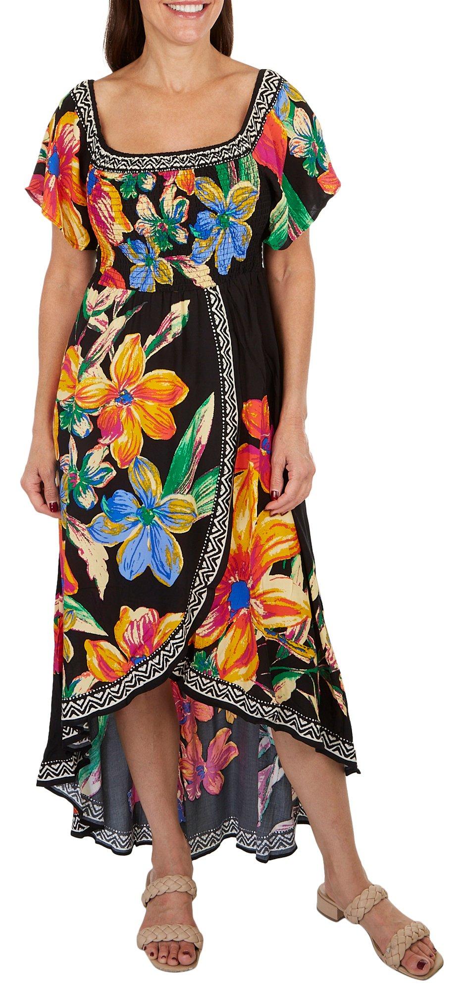 Womens Floral Smocked Faux Wrap Off The Shoulder Dress