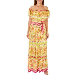 Womens Floral Tiered Ruffle Off The Shoulder Dress