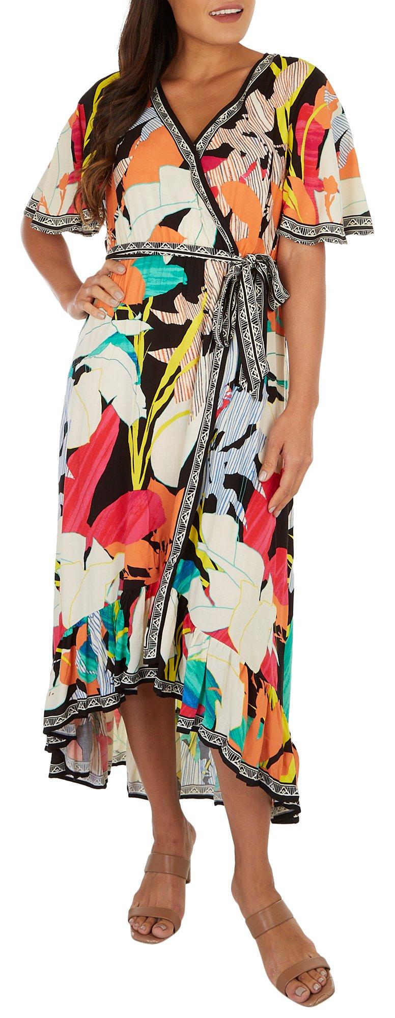 Womens Floral Faux Wrap Short Sleeve Dress
