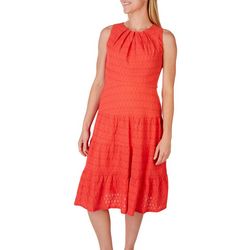 London Times Womens Solid Eyelet Tiered Sleeveless Dress