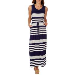 Womens Striped Drawstring Pocket Sleeveless Dress