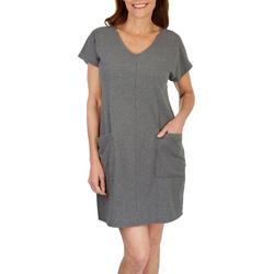 Womens Solid Short Sleeve V Neck Ribbed Dress