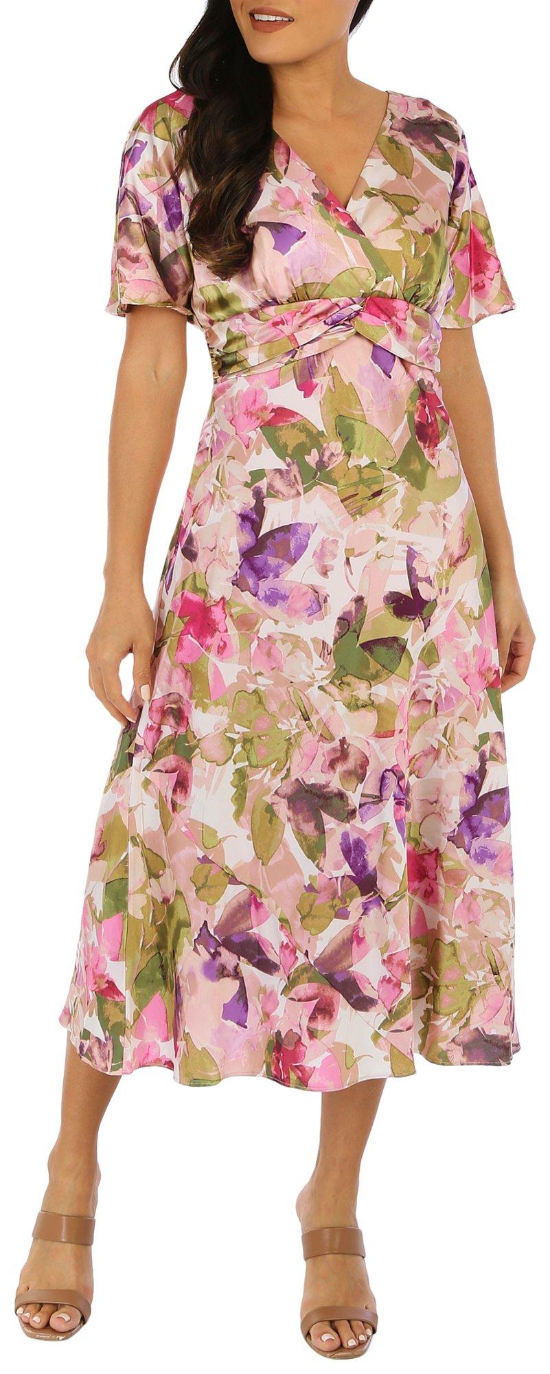 Womens Floral Short Sleeve Midi Dress