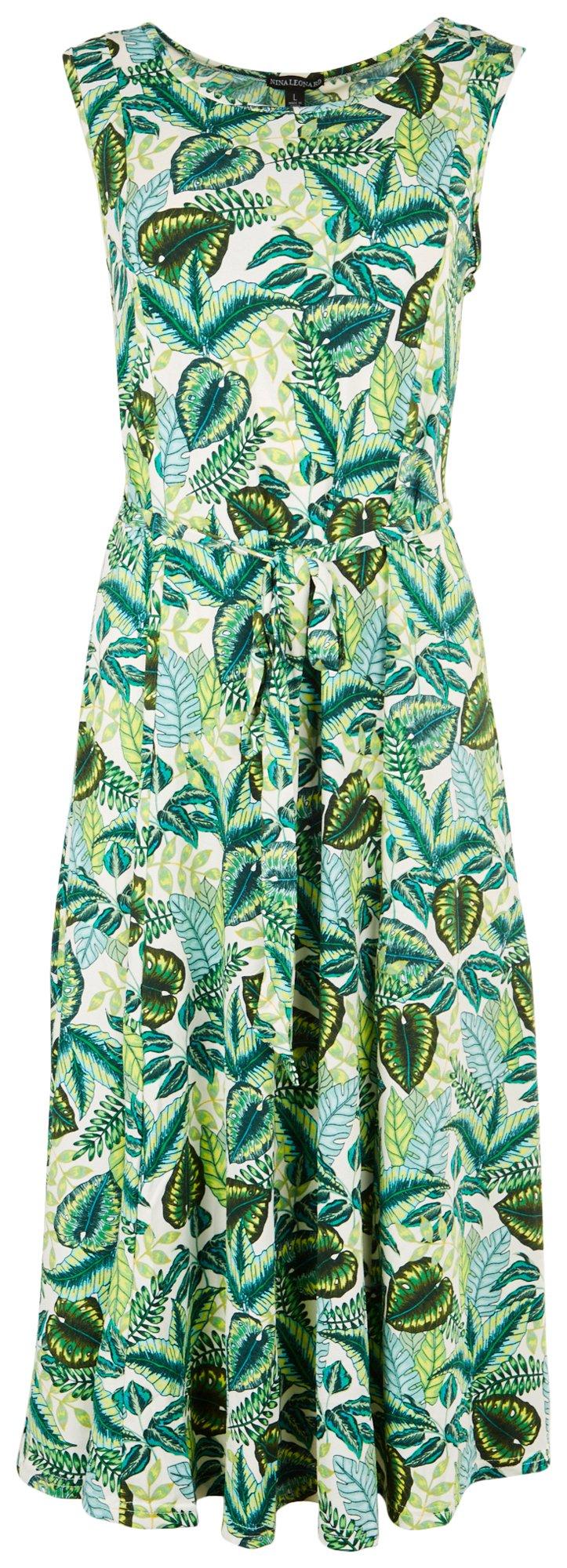 Womens Round Neckline Tropical Print Dress