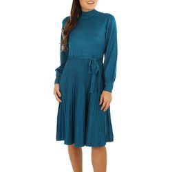 Solid Mock Neck Long Sleeve Pleated Sweater Dress
