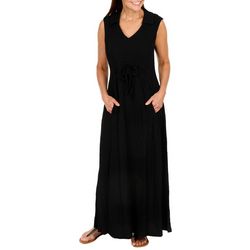 Womens Solid Textured Sleeveless Maxi Dress