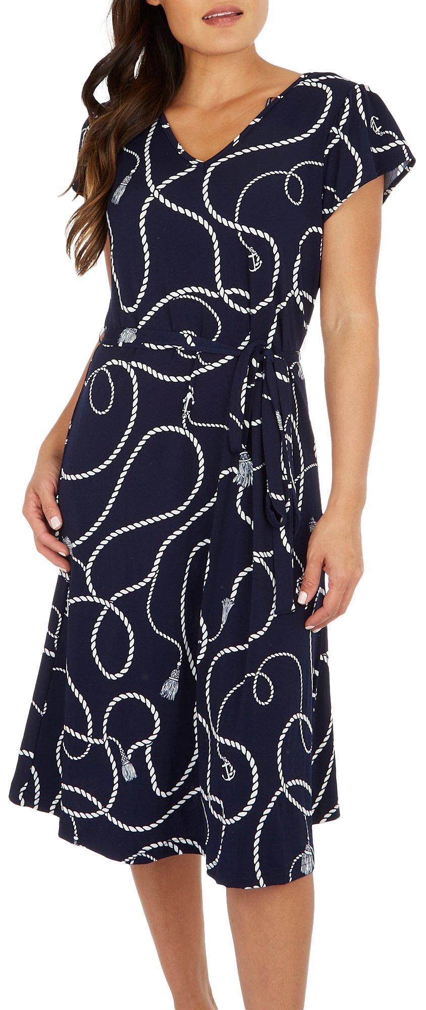 Womens Rope Print Tie Waist Cap Sleeve Dress