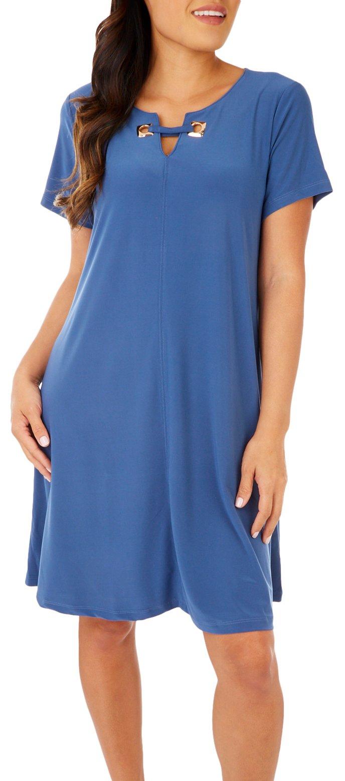 Nina Leonard Womens Solid Grommet Short Sleeve Dress