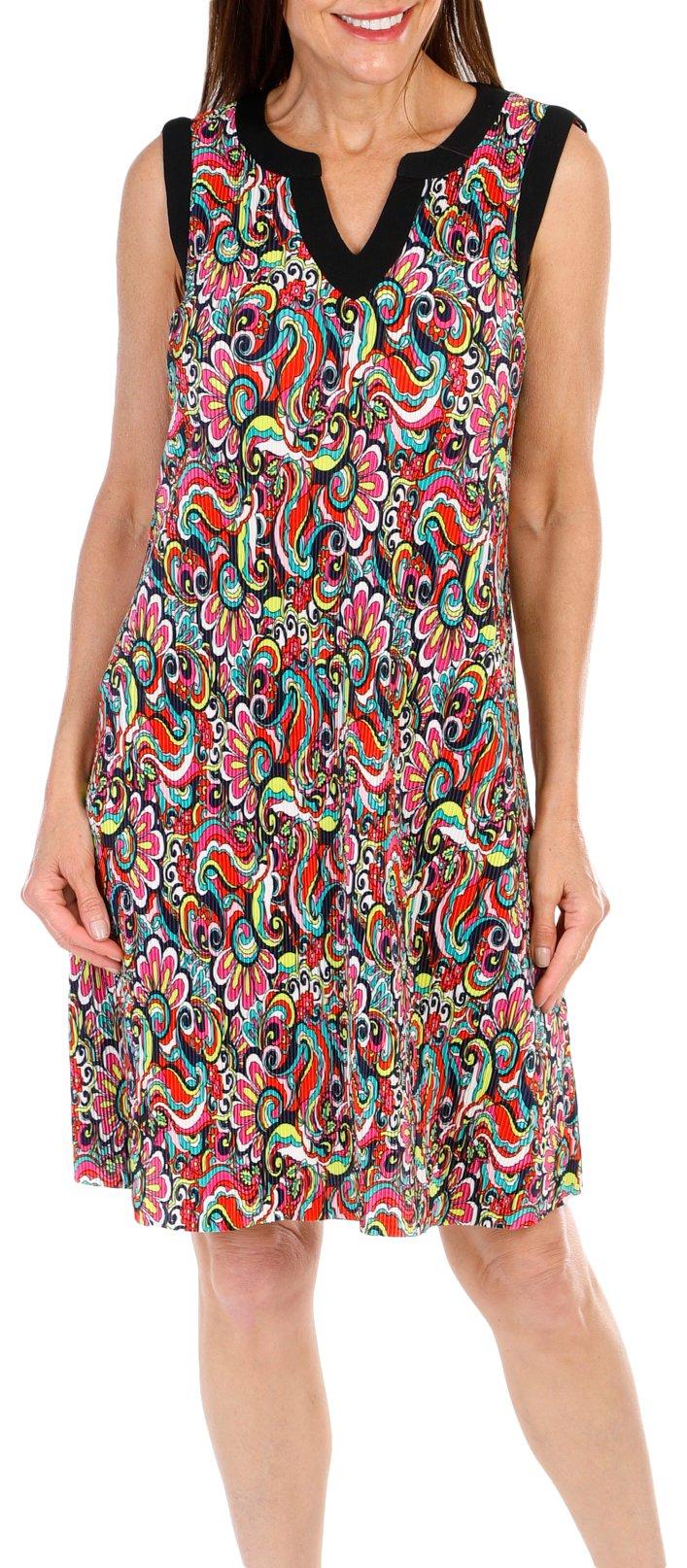 Womens Paisley Ribbed Mandarin Collar Sleeveless Dress