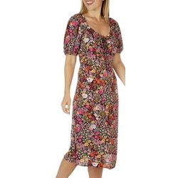 Status by Chenault Womens Floral Tie Front Puff Sleeve Dress