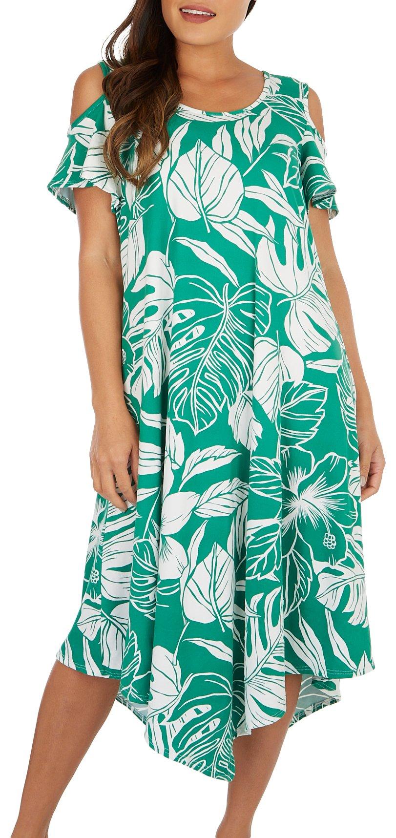 Womens Palm Leaf Cold Shoulder Dress