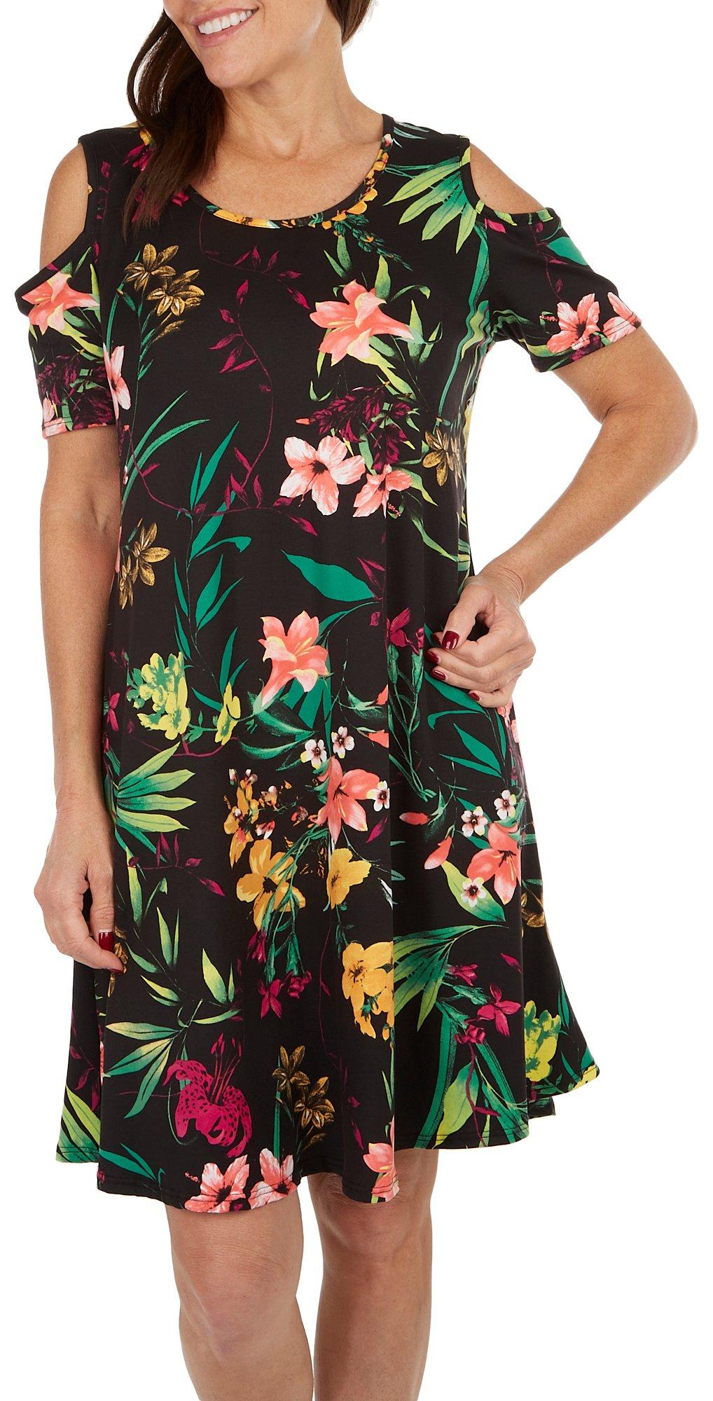 Womens Jungle Floral Cold Shoulder Dress
