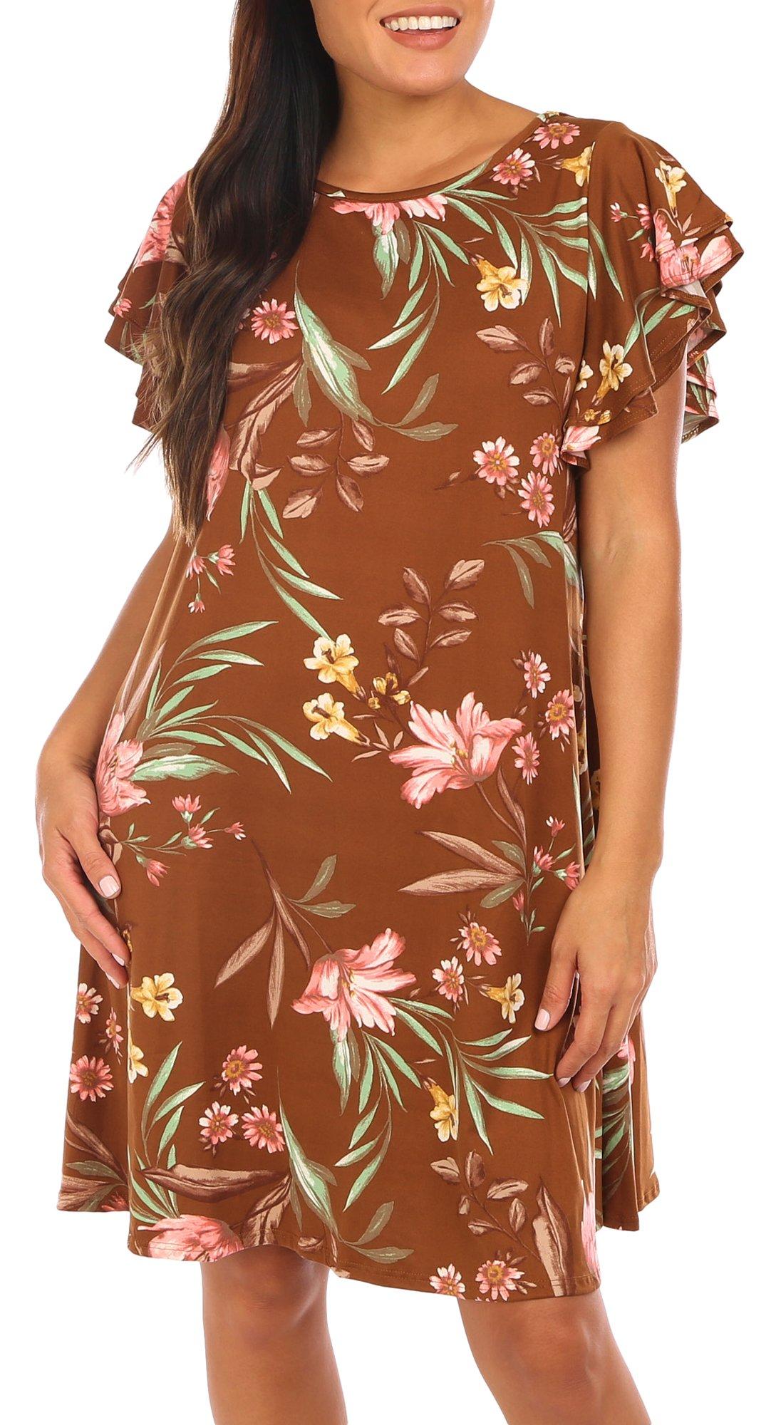 Womens Floral Print Double Flutter Short Sleeve Dress