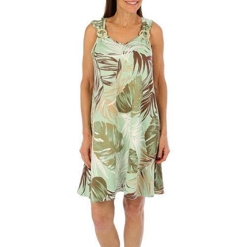 Lexington Avenue Womens Green Palm O-Ring Sleeveless Dress