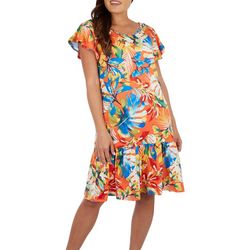 Womens Tropical Tiered Hemline Flutter Short Sleeve Dress