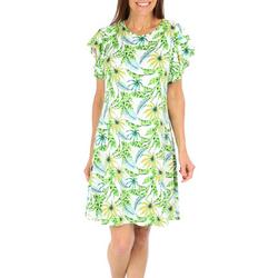 Womens Tropical Ruffle Short Sleeve Dress