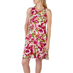 Cupio Womens Watercolor Floral Pocket Sleeveless Swing Dress