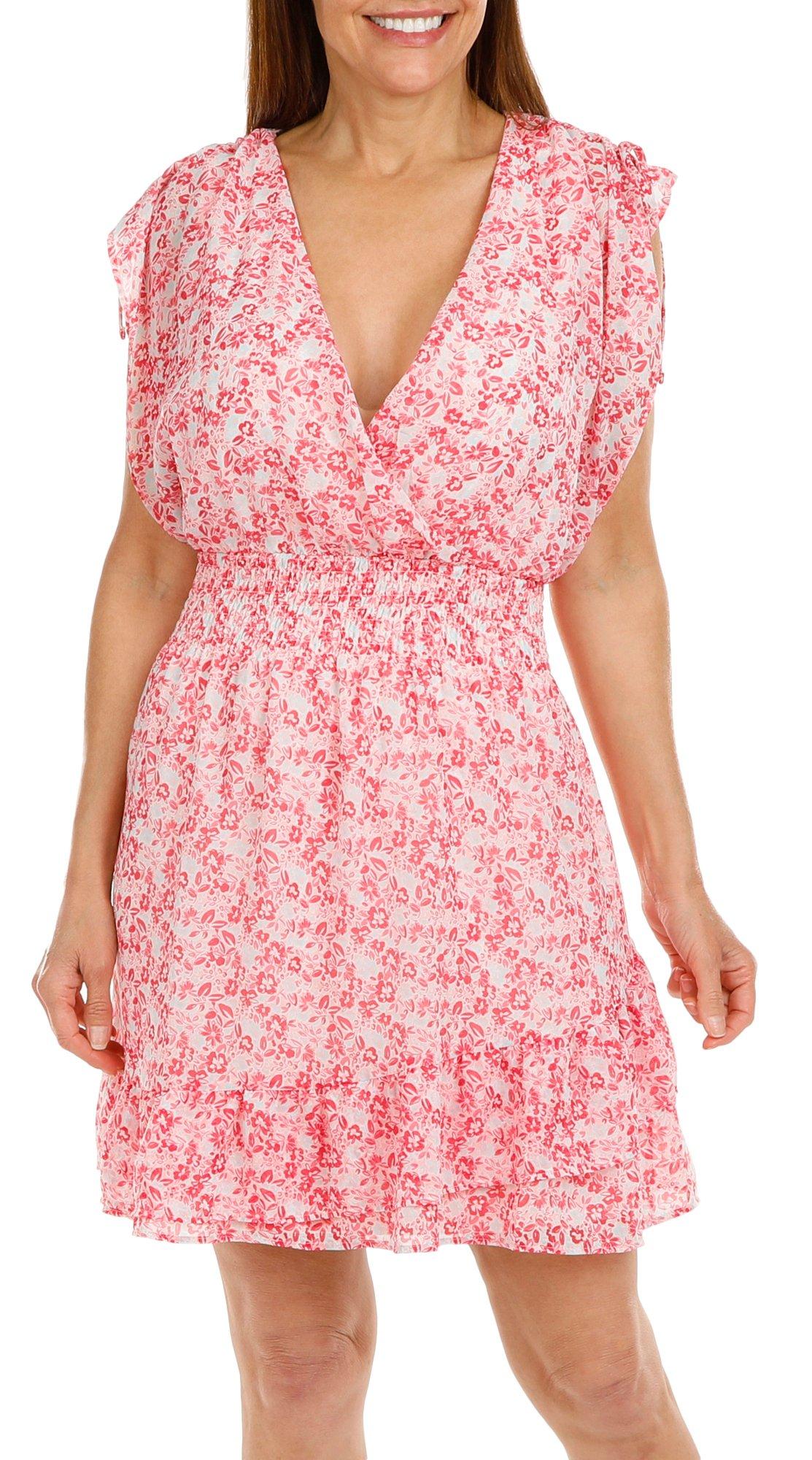 BCBG Womens Floral Deep V Sleeveless Dress
