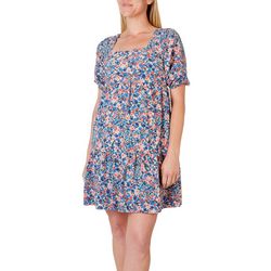 BCBG Womens Floral Square Neck Puff Tier Woven Dress