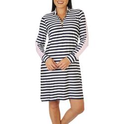 Womens Zip-up Neck Striped Beach Dress