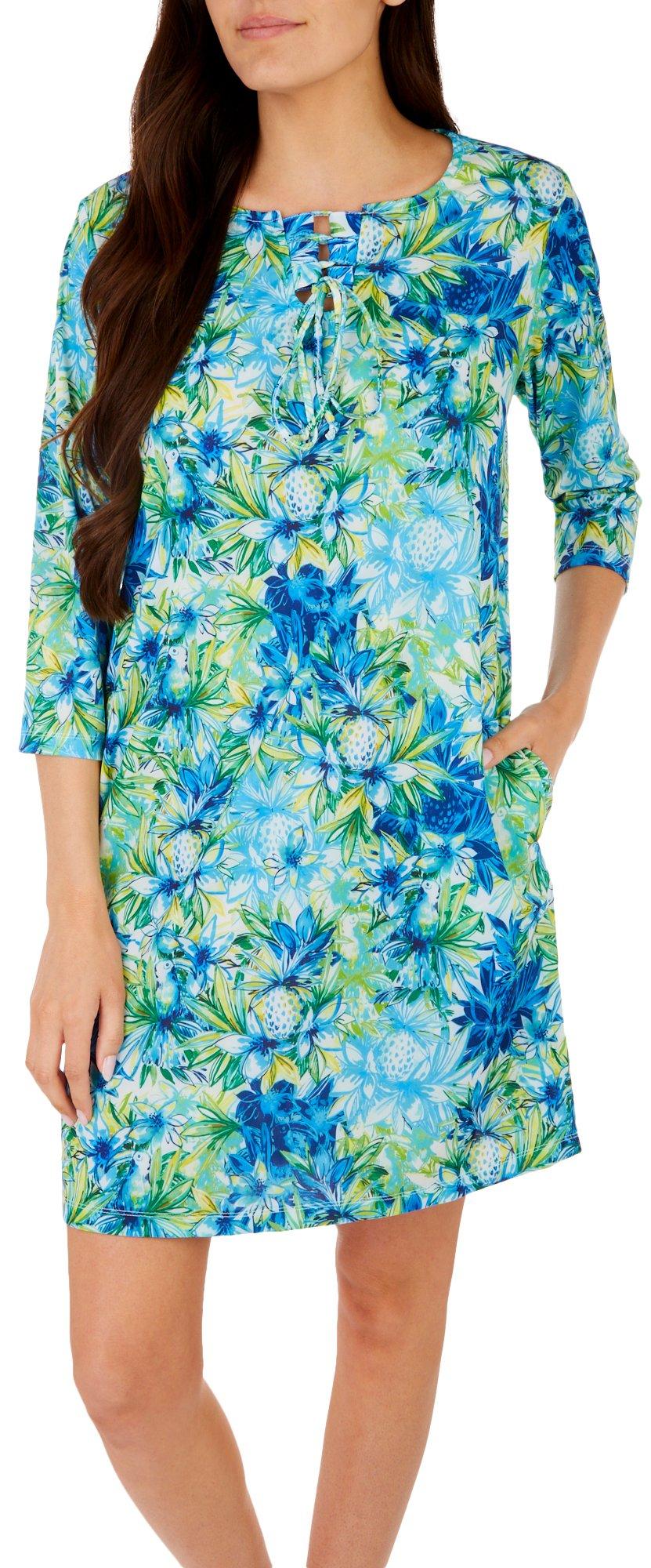 Womens Toucan & Pineapple Lace Up 3/4 Sleeve Dress