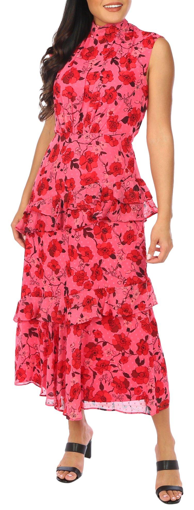 Womens Floral Tiered Sleeveless Dress