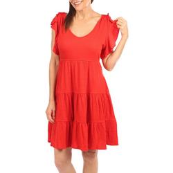 Womens Solid Textured Tiered Short Sleeve Dress