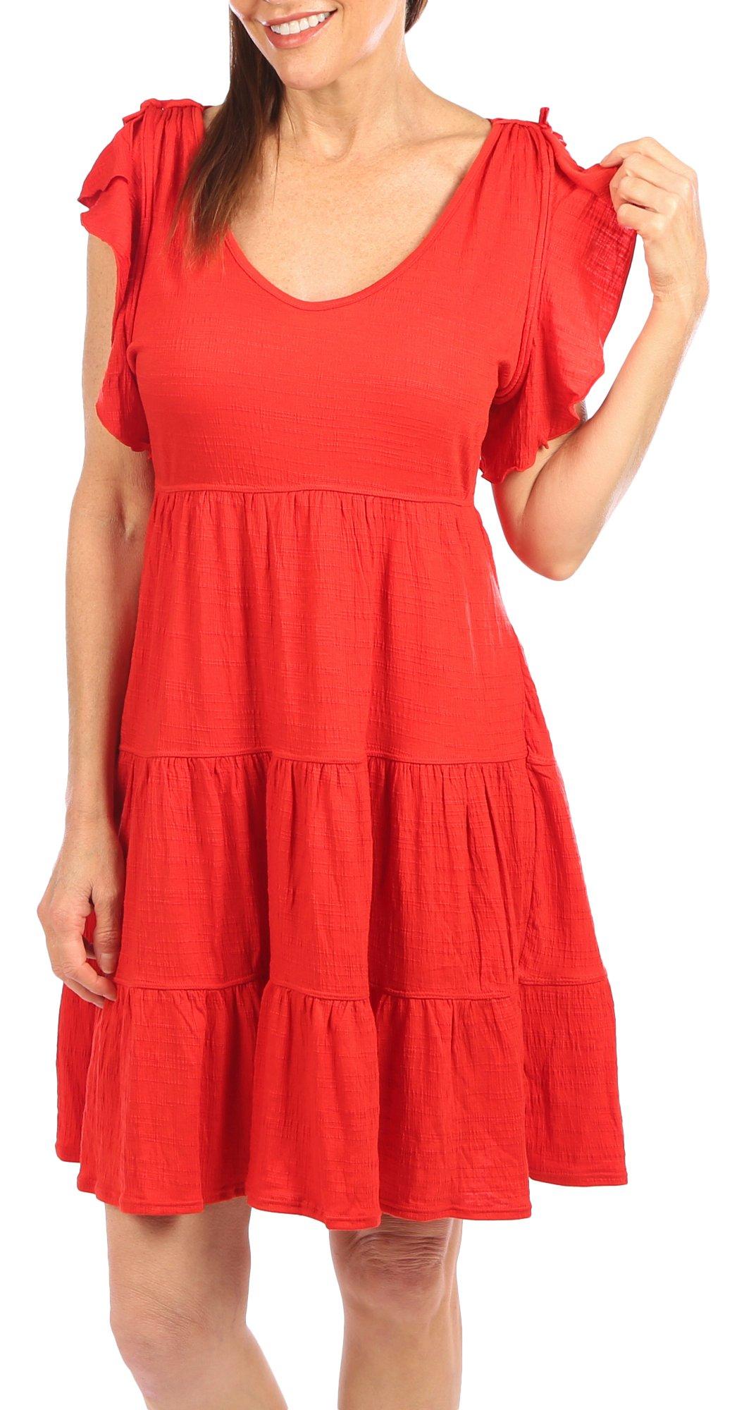 Womens Solid Textured Tiered Short Sleeve Dress