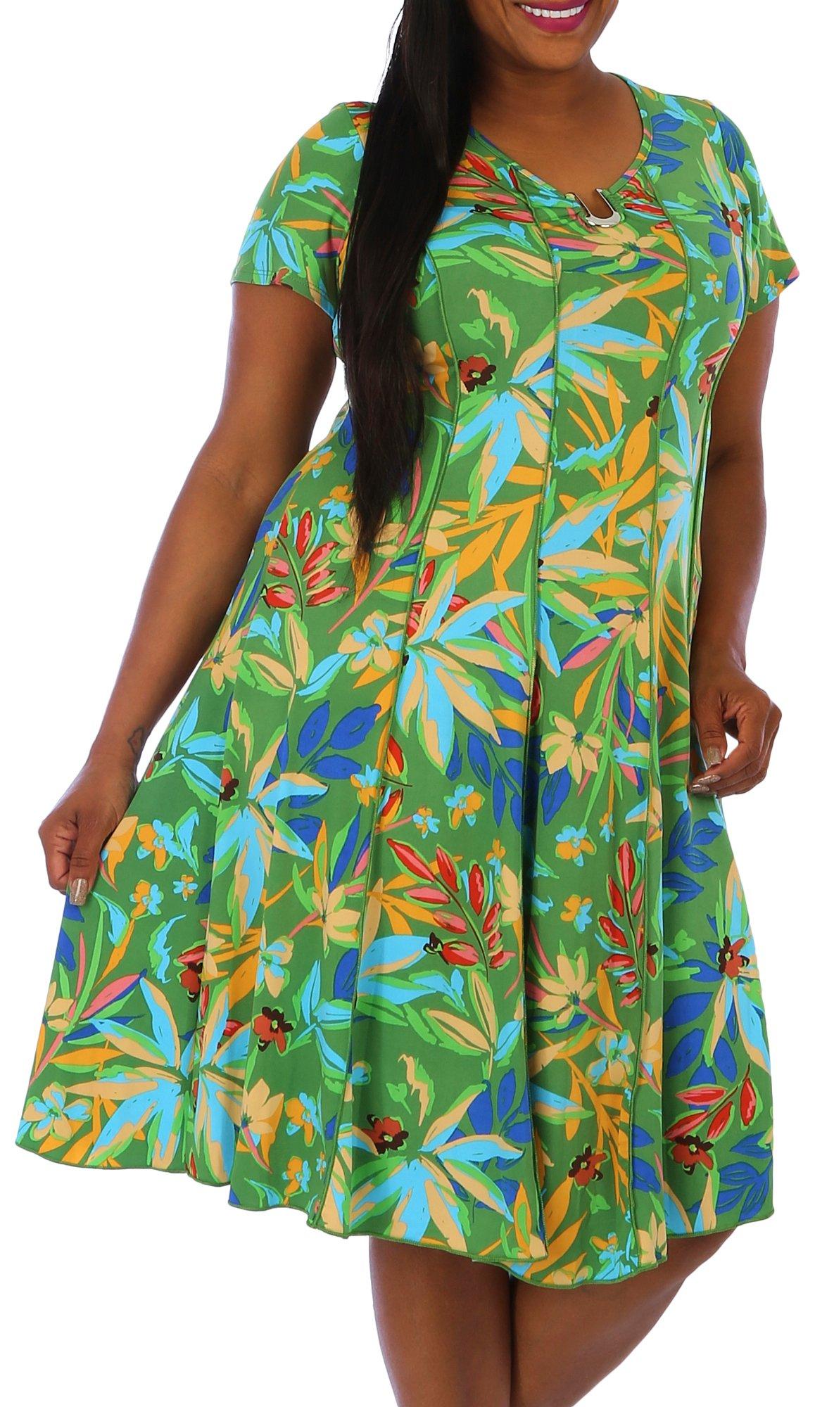 Plus Foliage Seamed Pleated Short Sleeve Dress
