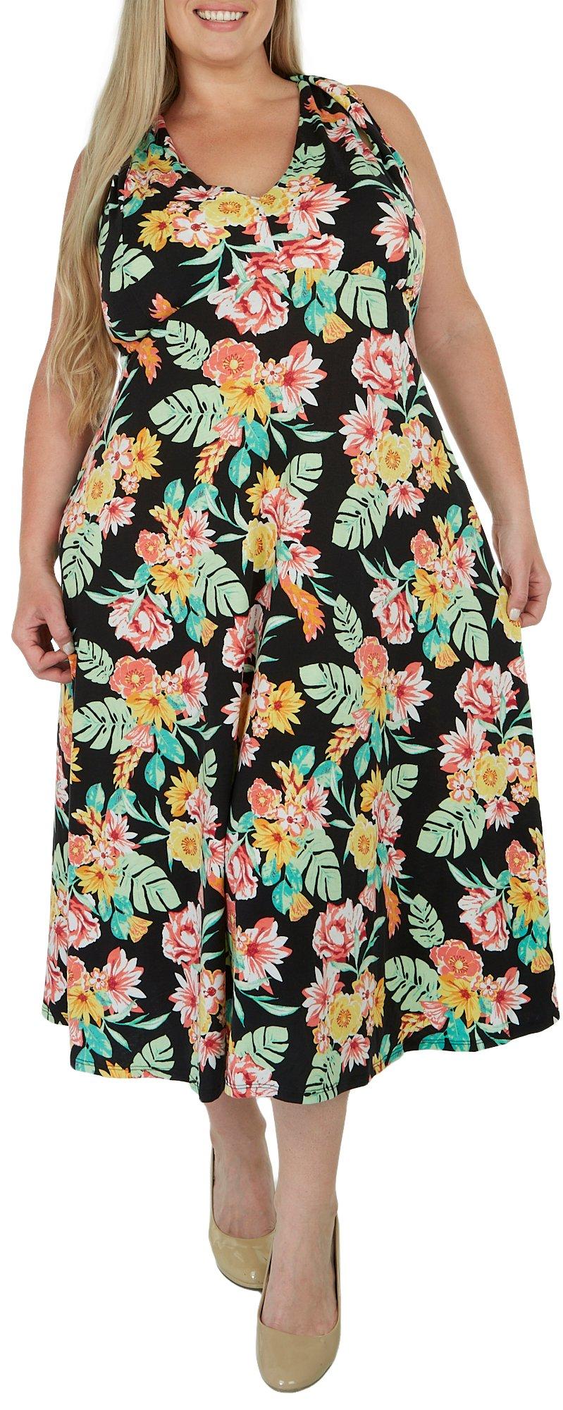 Plus Tropical Tie Neck Sleeveless Dress