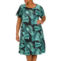 Plus Palm Print Short Sleeve Swing Dress