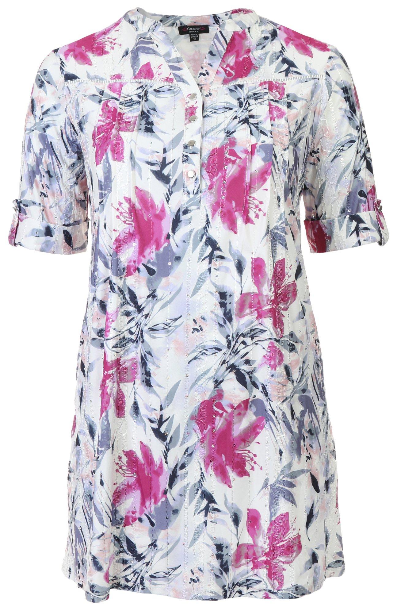 Plus Floral Split Neck Pleated Roll-Tab Short Sleeve Dress