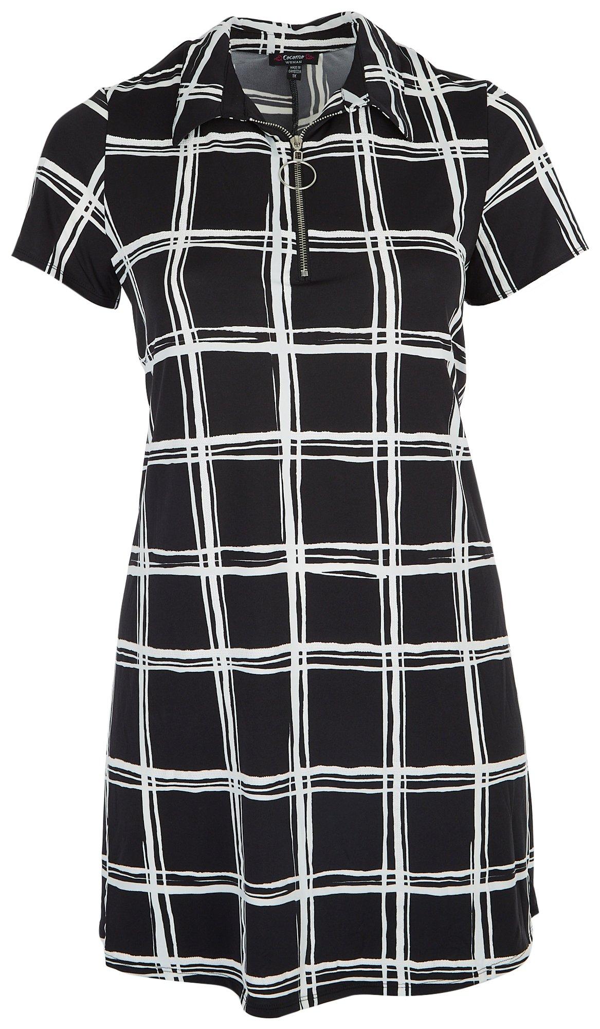 Plus Plaid 1/4 Zip O-Ring Short Sleeve Dress