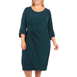 Plus Long Flare Sleeve Ruched Solid Dress