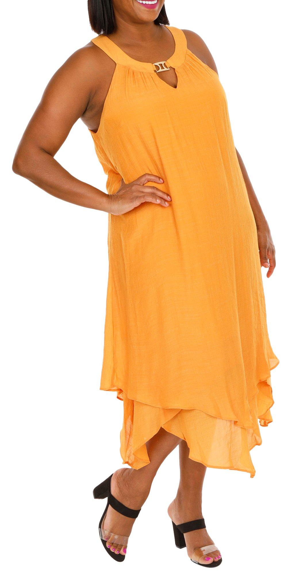 Womens Solid Keyhole Layered Sleeveless Dress