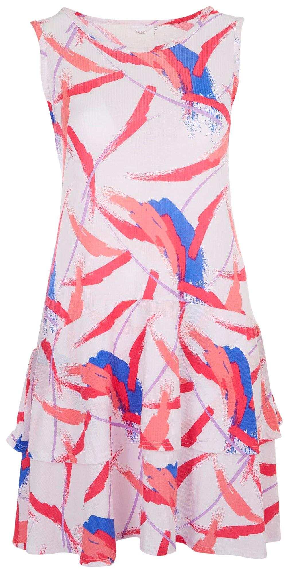 Plus Ribbed Color Strokes Ruffle Sleeveless Dress