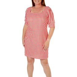 Plus Checkered Square Neck Ribbed Short Sleeve Dress