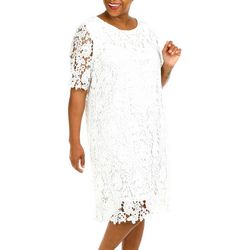 Nina Leonard Plus Solid Lace Sheath Short Sleeve Dress