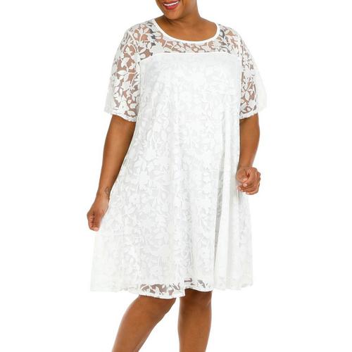 Nina Leonard Plus Solid Lace Short Sleeve Dress