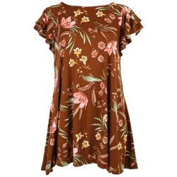 Plus Floral Print Double Flutter Short Sleeve Dress