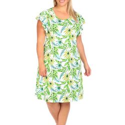 Plus Tropical Foliage Print Short Flutter Sleeve Dress