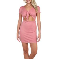 Juniors Solid Ribbed Cut Out Short Sleeve Dress