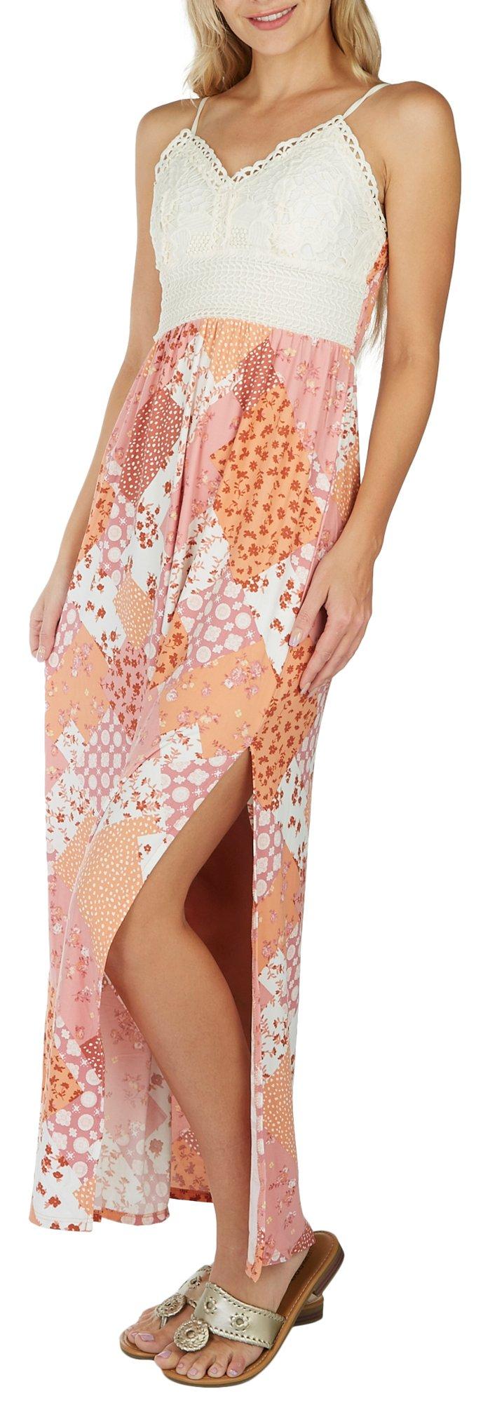 Juniors Lace V Neck Sleeveless Maxi Dress