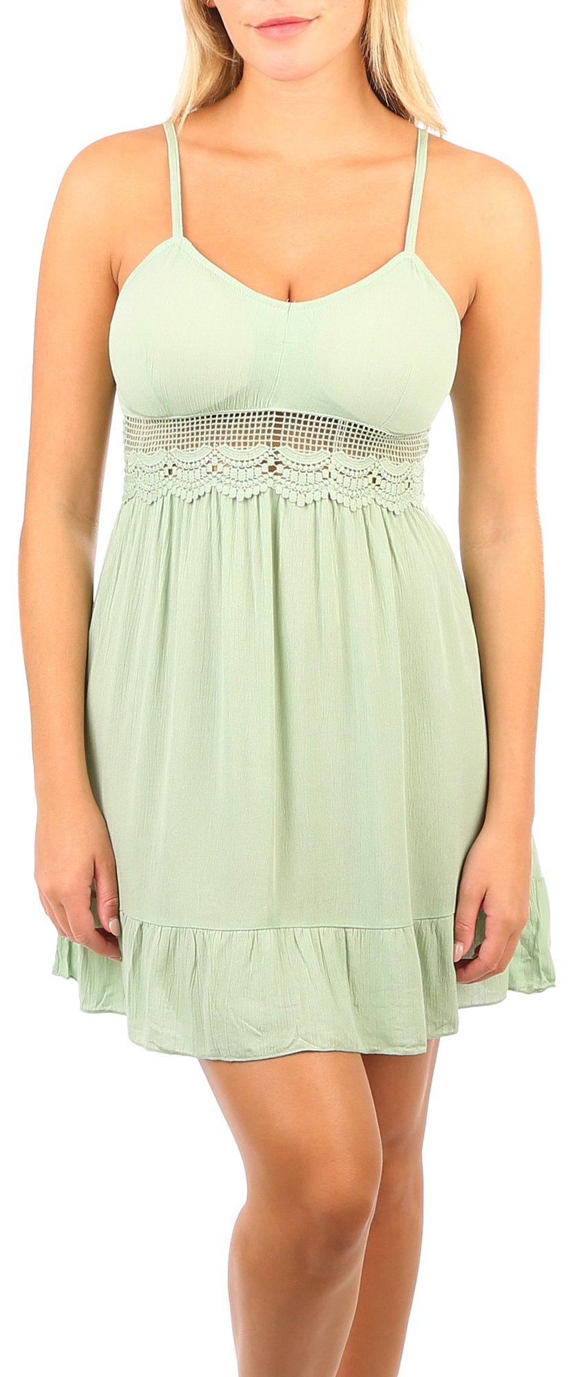 Juniors Solid Grass Crochet V Neck Sleeveless Mini Dress