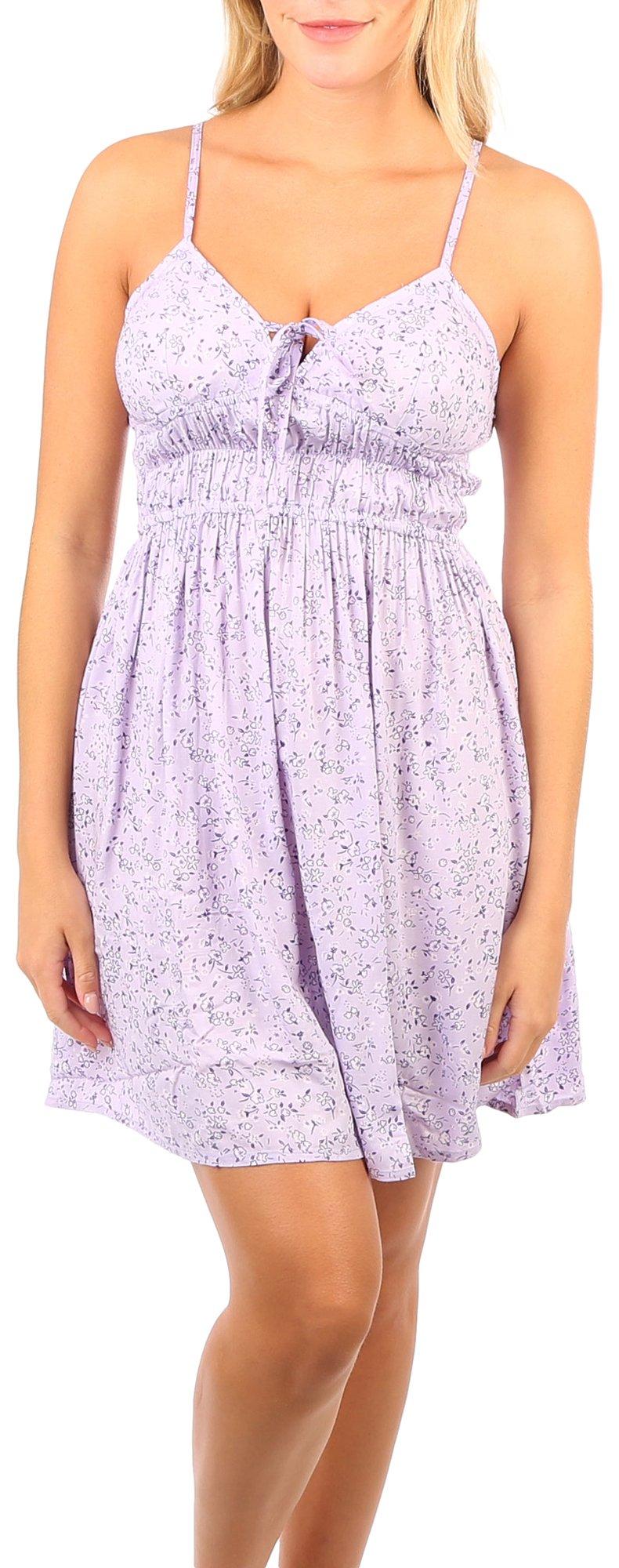 Juniors Lavendar Floral Tie Neck Sleeveless Mini Dress
