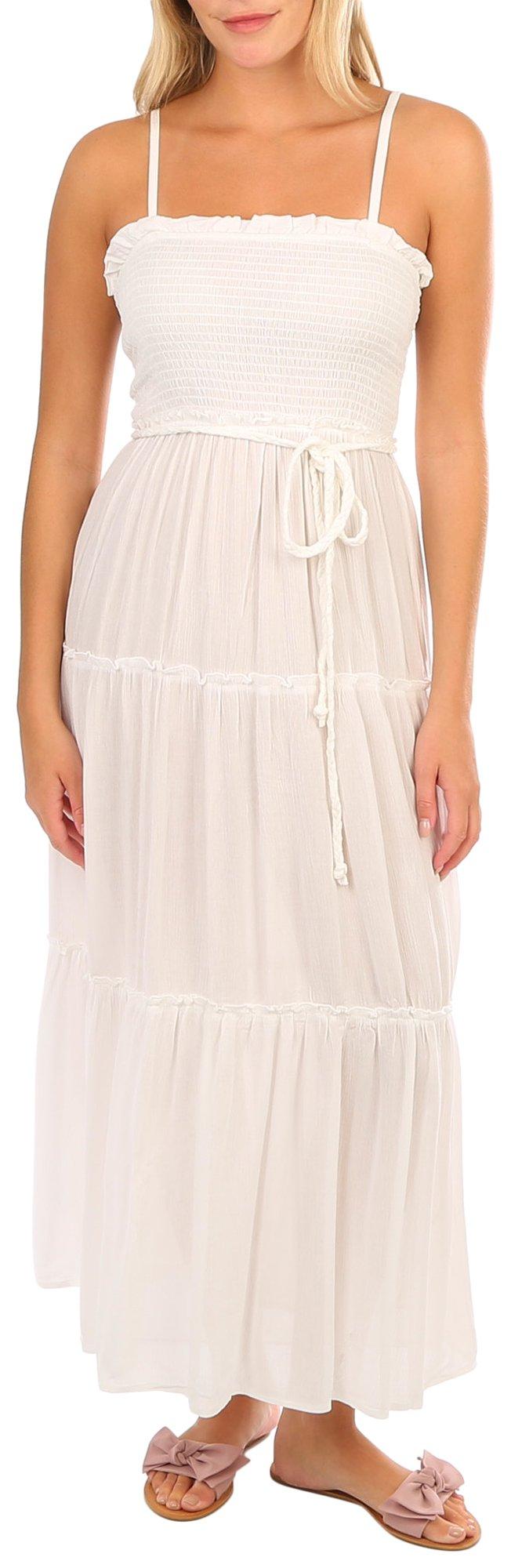 Juniors Solid Smocked Tie Tiered Sleeveless Maxi Dress